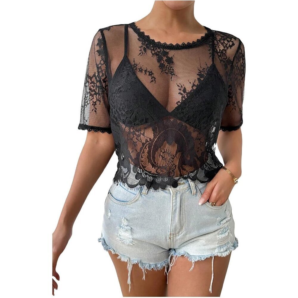 Women's Sheer Mesh Crop Top Lace Short Sleeve Crew Neck Summer Outfits